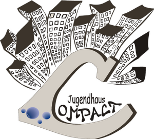 Logo Jugendhaus Compact Das Logo des Jugendhaus Compact. Im Hintergrund stehen Hochhäuser und im Vordergrund ist ein großes C abgebildet. Im Buchstaben C steht "Jugendhaus Compact".