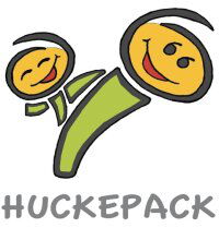 Logo Huckepack Ein Foto des Logos der Kinderförderung Huckepack. Eine Figur trägt eine kleinere Figur auf dem Rücken.