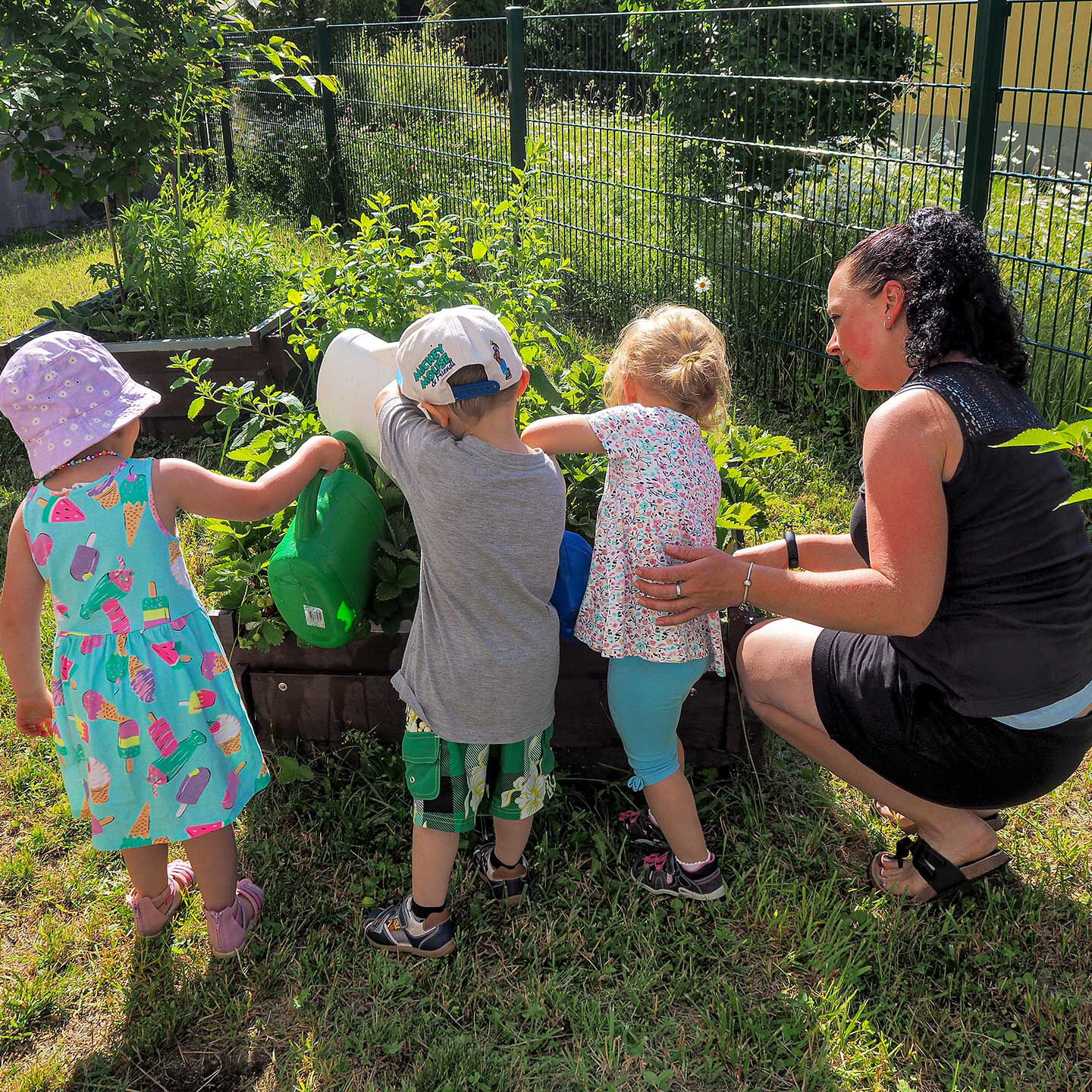 Drei Kleinkinder gießen zusammen mit ihrer Erzieherin ein Hochbeet.