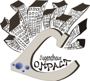 Logo Jugendhaus Compact Das Logo des Jugendhaus Compact. Im Hintergrund stehen Hochhäuser und im Vordergrund ist ein großes C abgebildet. Im Buchstaben C steht "Jugendhaus Compact".