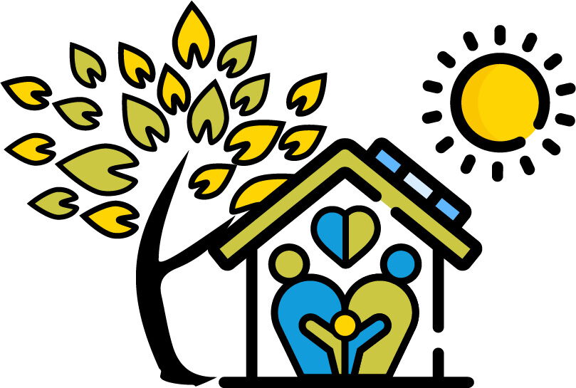 Logo Kita Esche Das Logo des Naturkinderhaus Esche mit einem Baum, einen Haus mit einer Familie im Mittelpunkt und einer Sonne in der rechten oberen Ecke des Logos.